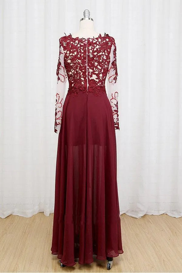 Dramatic A-Line V Neck Long Sleeve Maxi Prom Dress with Slit