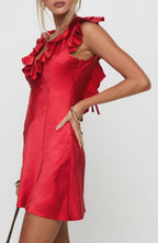 Dramatic A Line V Neck Ruffle Sleeve Tie Back Short Homecoming Dress