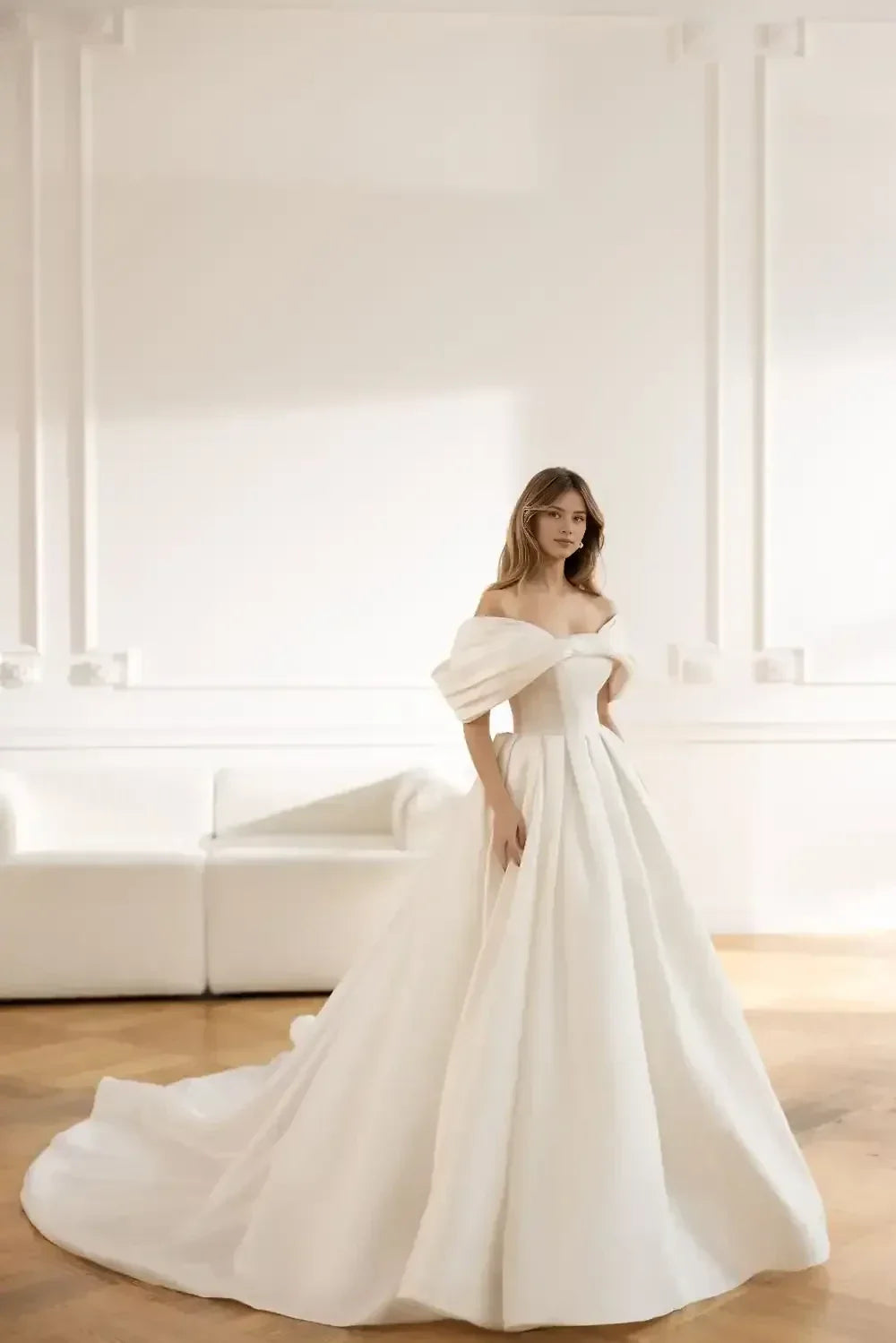 Dramatic Ball Gown Off Shoulder Statement Short Sleeve Open Back Long Length Wedding Dress