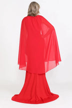 Dramatic Mermaid Crew Neck Cape Sleeve Closed Back Floor Length Prom Dress