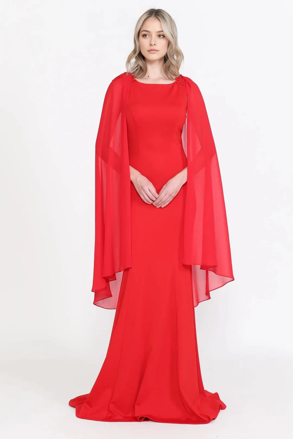 Dramatic Mermaid Crew Neck Cape Sleeve Closed Back Floor Length Prom Dress
