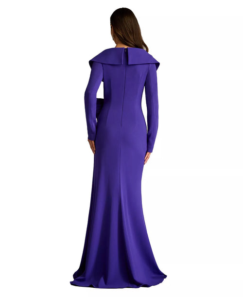 Robe de bal sirène spectaculaire col en V profond manches longues nœud au dos fente longueur ras du sol pour adultes