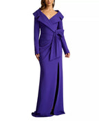 Dramatic Mermaid Deep V Neck Long Sleeve Bow Back Slit Floor Length For Adults Prom Dress