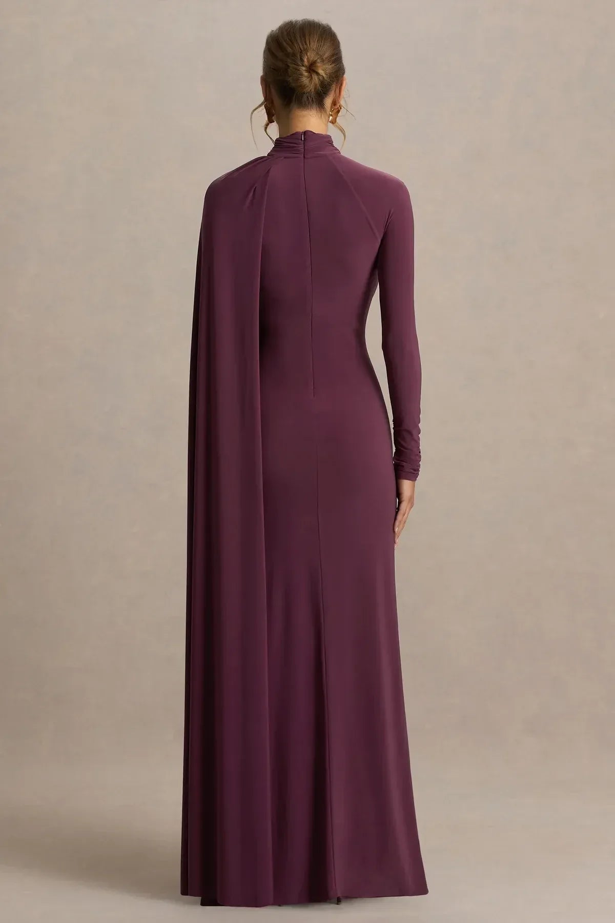 Dramatic Mermaid Mock Neck Cape Sleeve High Slit Floor Length Evening Dress
