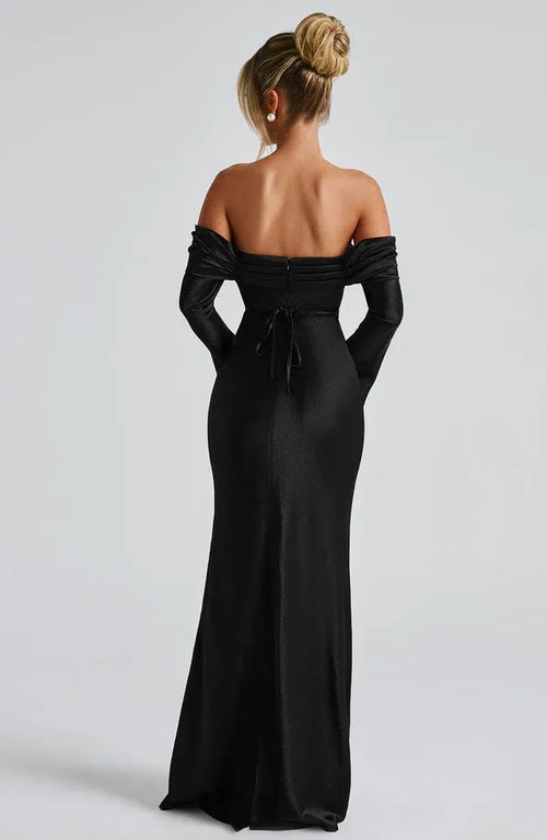 Robe de soirée sirène spectaculaire à épaules dénudées, manches évasées et dos noué, longueur ras du sol pour femme