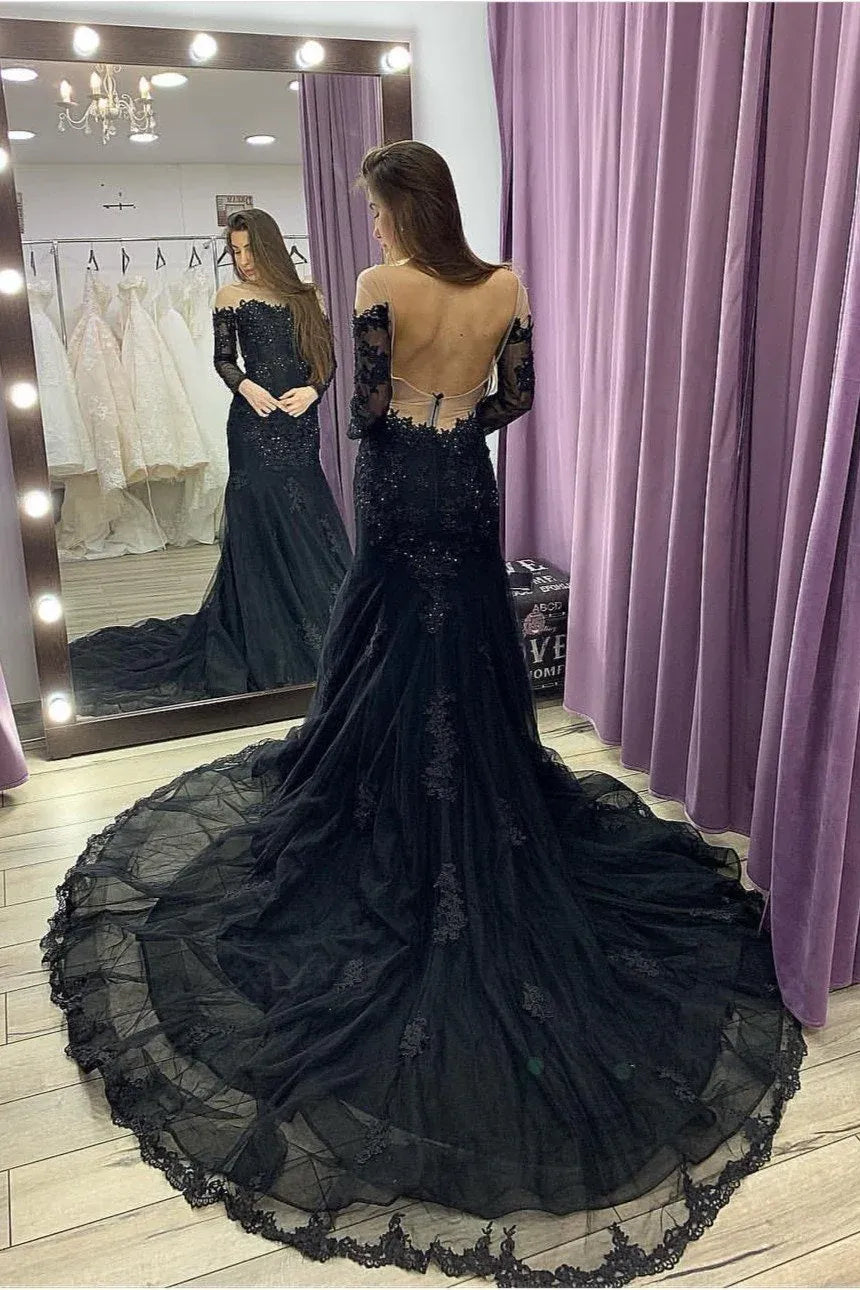 Dramatic Mermaid Off Shoulder Long Sleeve Beaded Maxi Prom Dress