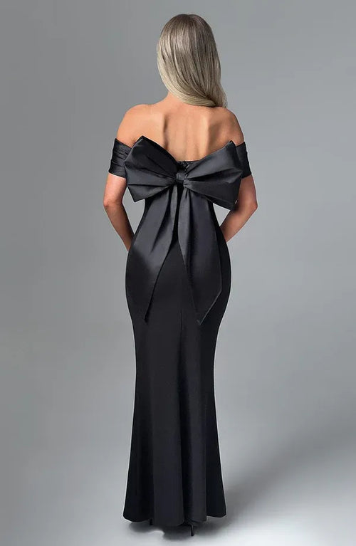 Robe de Soirée Sirène Dramatique Épaules Dénudées Sans Manches Nœud au Dos Longueur Sol à Vendre