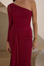 Dramatic Mermaid One Shoulder Asymmetric Sleeve Ruched Bodice Floor Length Prom Dress