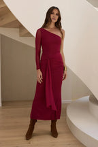 Dramatic Mermaid One Shoulder Asymmetric Sleeve Ruched Bodice Floor Length Prom Dress