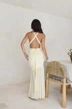 Dramatic Mermaid Plunge Halter Neck Sleeveless Crisscross Back Floor Length Prom Dress