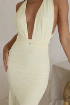 Dramatic Mermaid Plunge Halter Neck Sleeveless Crisscross Back Floor Length Prom Dress