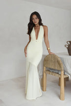 Dramatic Mermaid Plunge Halter Neck Sleeveless Crisscross Back Floor Length Prom Dress