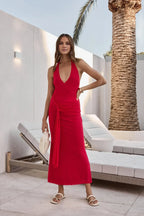 Dramatic Mermaid Plunge Halter Neck Sleeveless Tie Back Midi Length Prom Dress