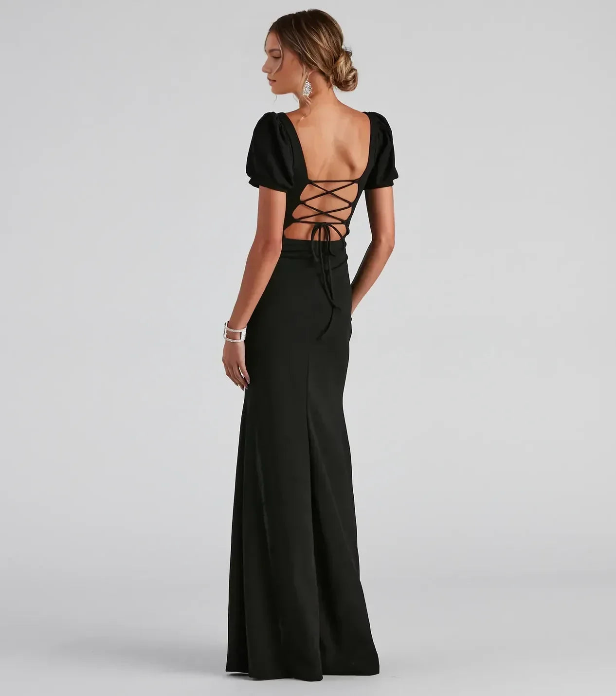 Dramatic Mermaid Square Neck Puff Short Sleeve Lace Up Back Floor Length Prom Dress