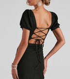 Dramatic Mermaid Square Neck Puff Short Sleeve Lace Up Back Floor Length Prom Dress