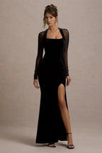 Dramatic Mermaid Square Neck Sheer Long Sleeve Open Back Long Length Evening Dress
