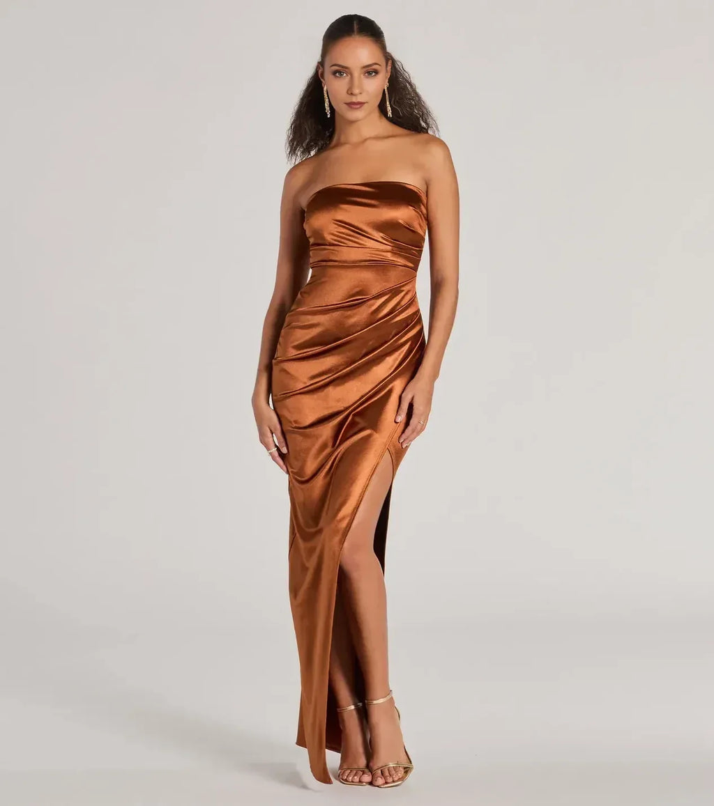 Dramatic Mermaid Strapless Sleeveless Ruched Side Floor Length Prom Dress