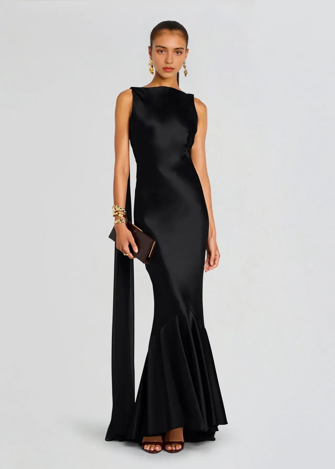 Dramatic Sheath Boat Neck Sleeveless Cape Back Floor Length Plus Size Prom Dress