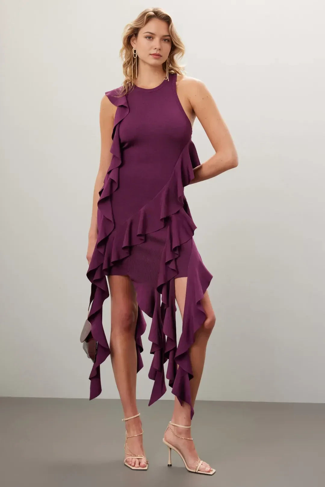 Dramatic Sheath Crew Neck Asymmetric Ruffle Sleeveless Midi Length Plus Size Prom Dress