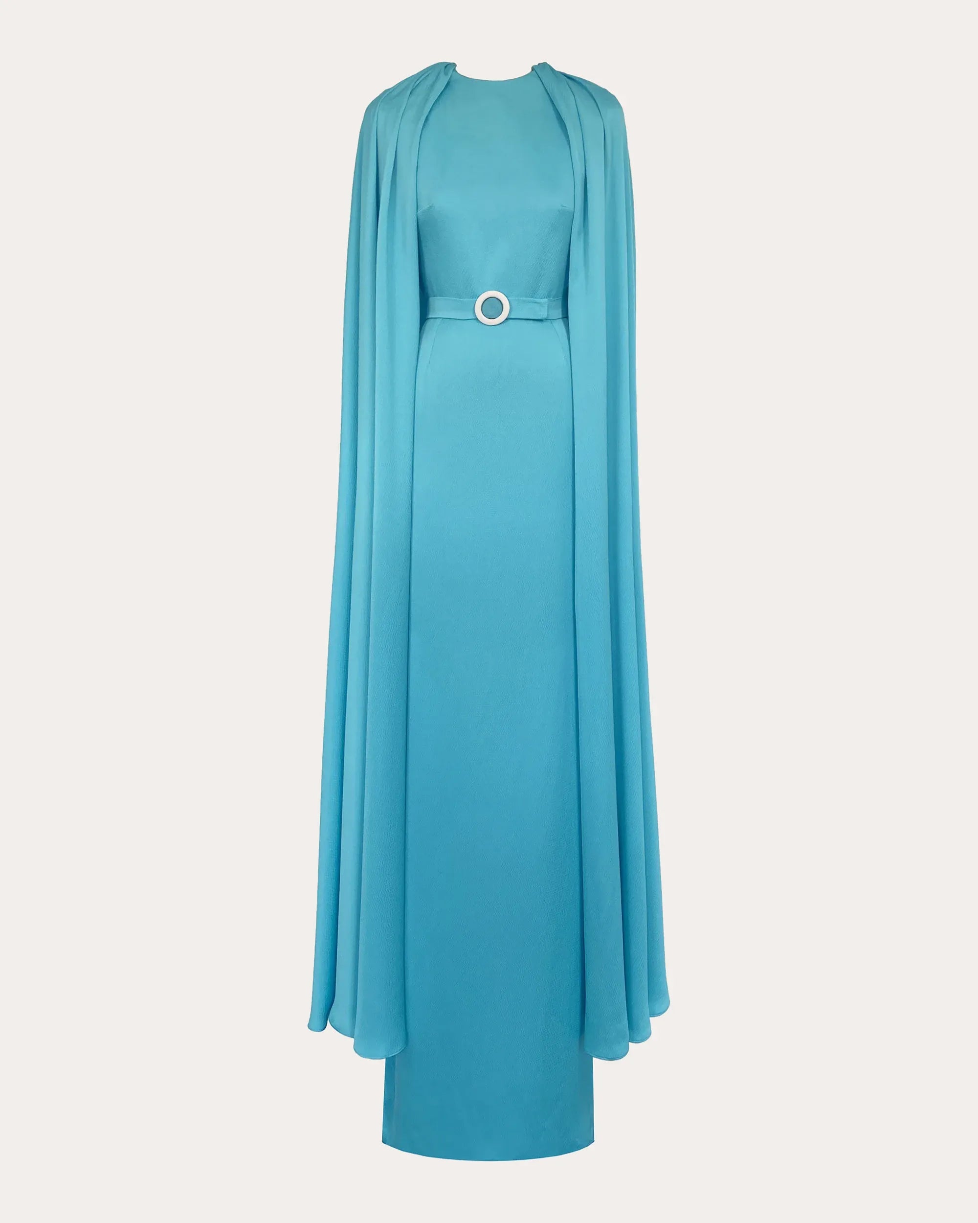 Dramatic Sheath Crew Neck Cape Sleeve Belted Back Floor Length Prom Dress