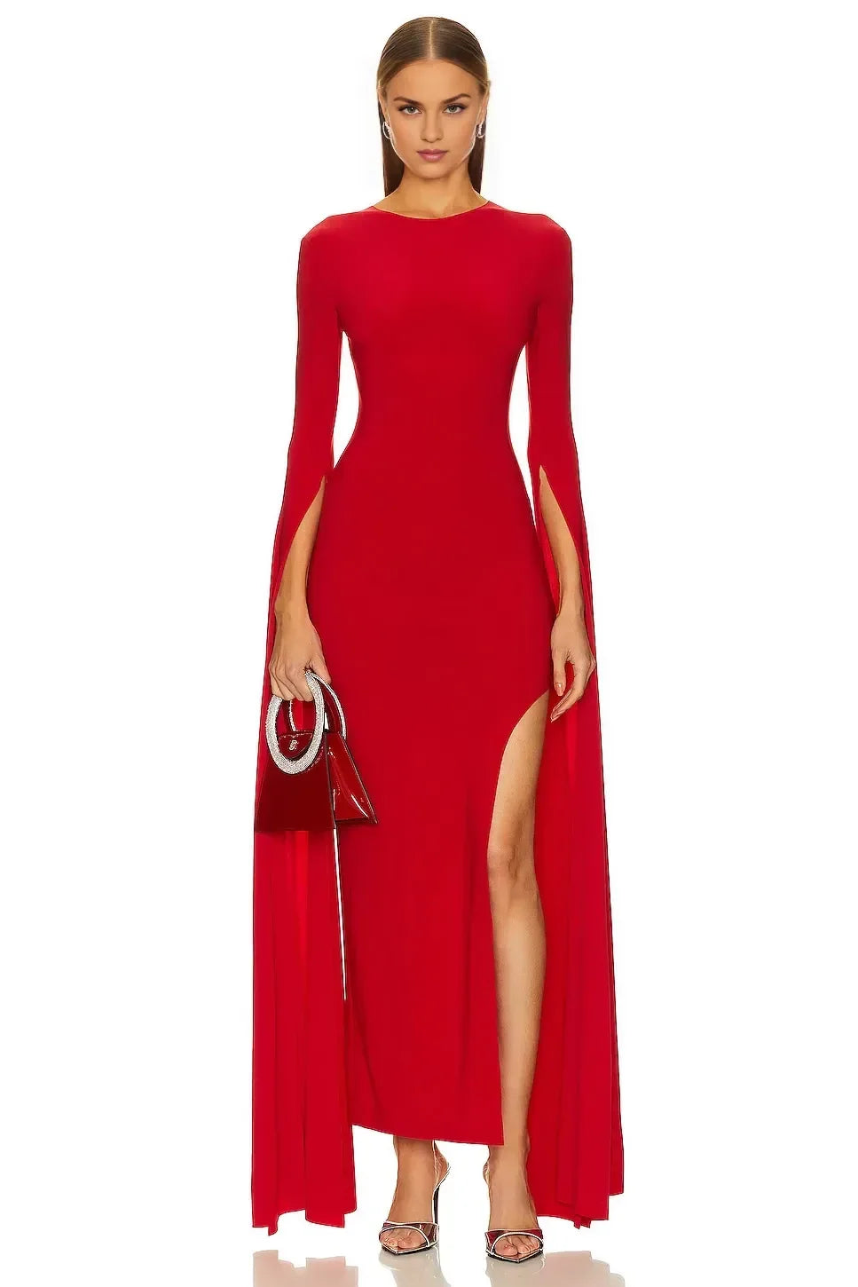 Dramatic Sheath Crew Neck Cape Sleeve Cutout Back Floor Length Evening Dress