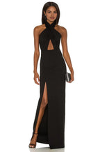 Dramatic Sheath Crisscross Halter Neck Sleeveless Cutout Front High Slit Floor Length Prom Dress