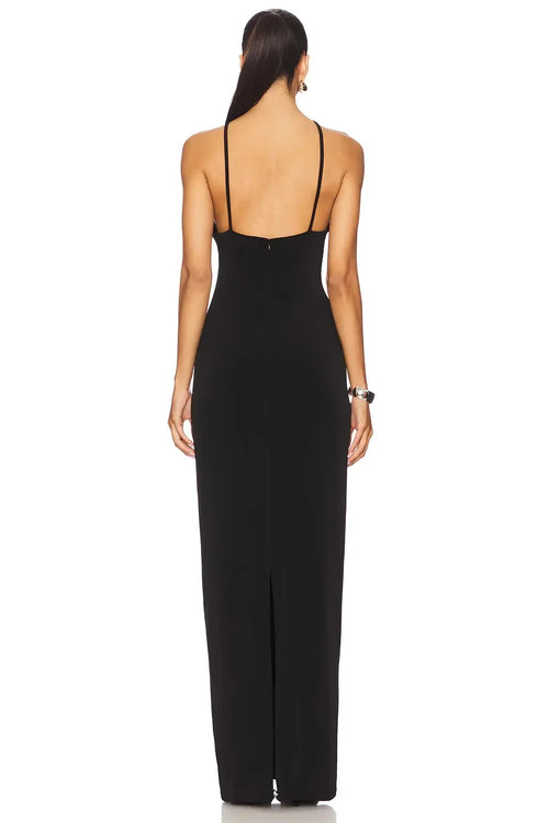 Robe de bal longue dramatique fourreau licou découpe devant fente haute