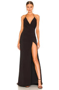 Dramatic Sheath Halter Neck High Slit Open Back Floor Length Prom Dress