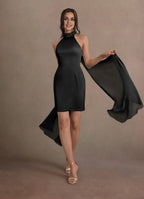Dramatic Sheath Halter Neck Sleeveless Cape Back Mini Length For Women Prom Dress