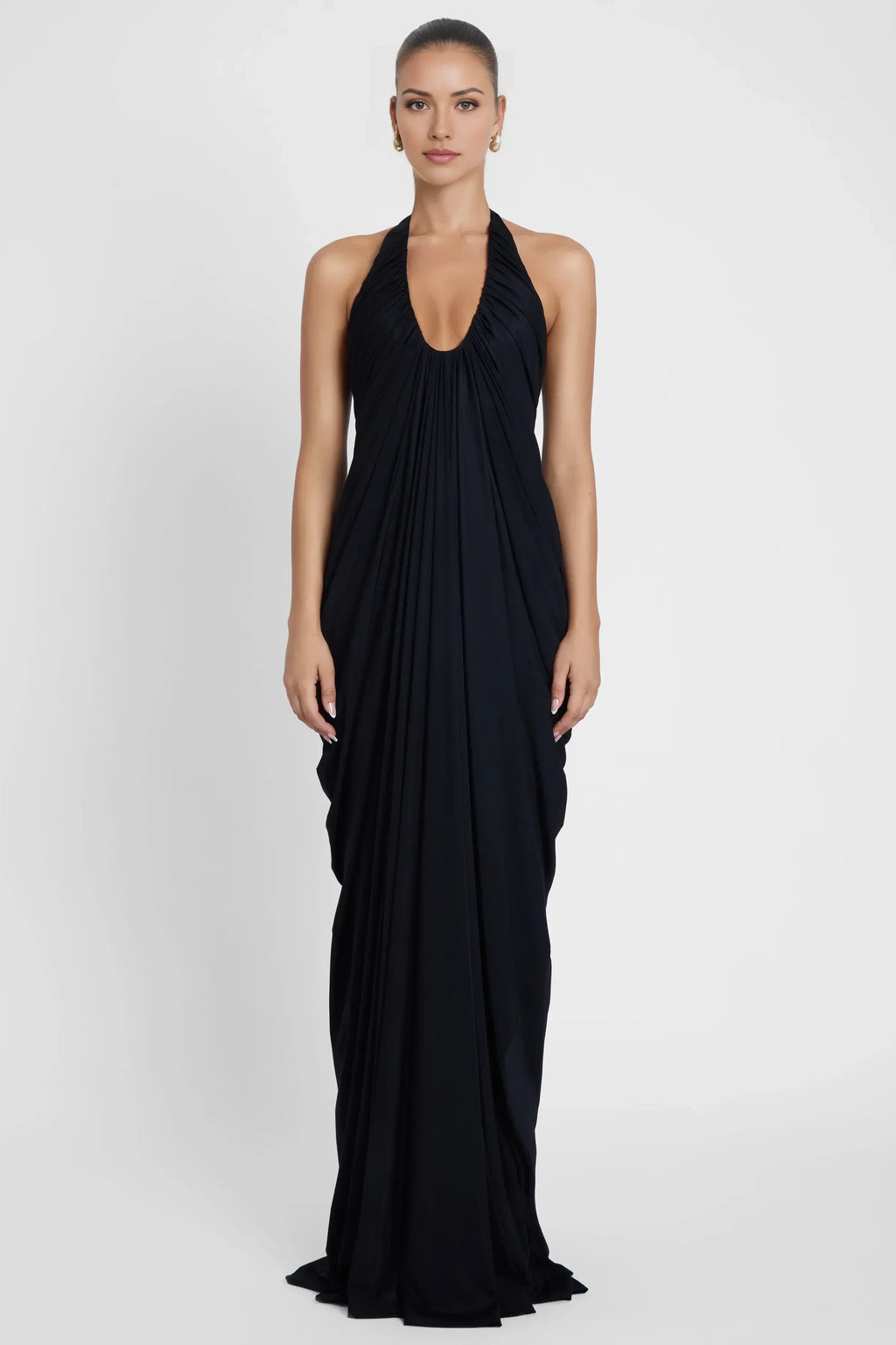 Dramatic Sheath Halter Neck Sleeveless Ruched Back Floor Length Prom Dress