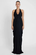 Dramatic Sheath Halter Neck Sleeveless Ruched Back Floor Length Prom Dress