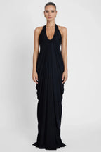 Dramatic Sheath Halter Neck Sleeveless Ruched Back Floor Length Prom Dress