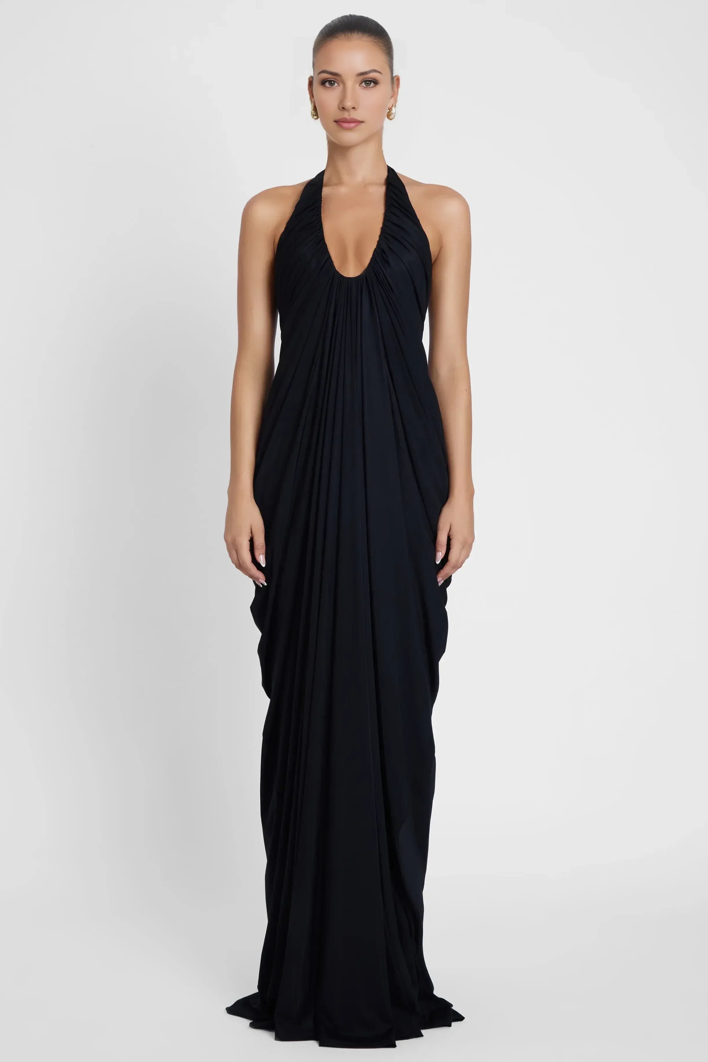 Dramatic Sheath Halter Neck Sleeveless Ruched Back Floor Length Prom Dress