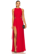 Dramatic Sheath High Neck Sleeveless Cutout Accent High Slit Floor Length Evening Dress