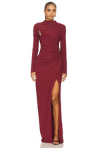 Dramatic Sheath Mock Neck Long Sleeve Ruched Back Floor Length Evening Dress