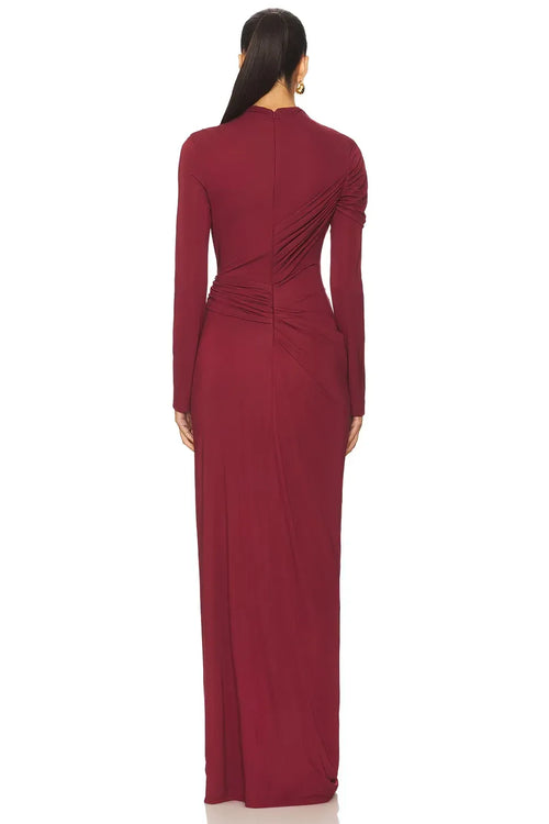 Robe de soirée fourreau longue à col montant, manches longues et dos froncé