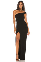 Dramatic Sheath One Shoulder Sleeveless High Slit Floor Length Prom Dress
