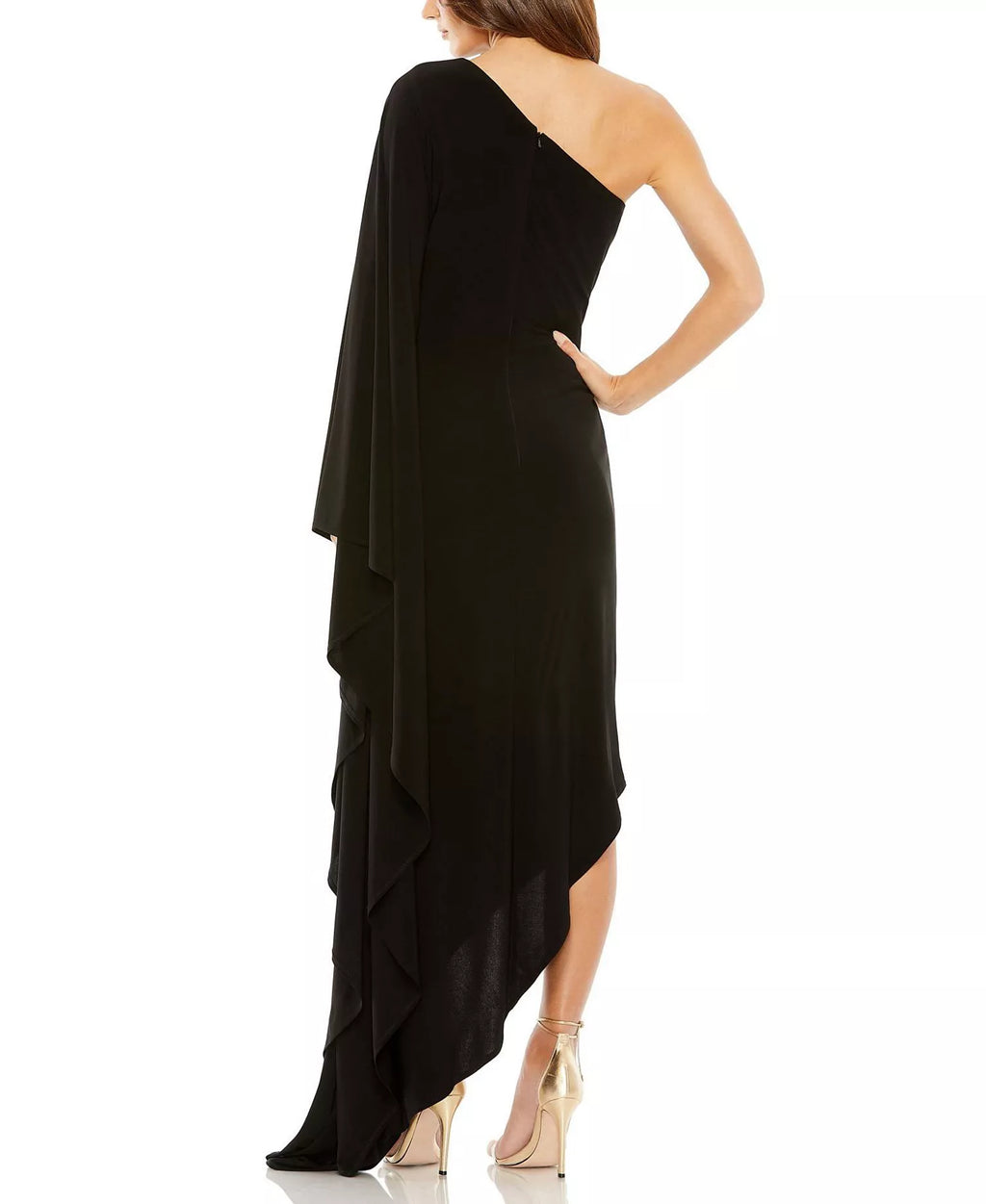 Dramatic Sheath One Shoulder Ruffle Sleeve Ruched Back Asymmetrical-Floor-Length Prom Dress
