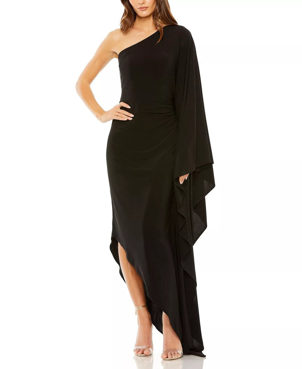 Dramatic Sheath One Shoulder Ruffle Sleeve Ruched Back Asymmetrical-Floor-Length Prom Dress