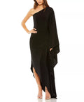 Dramatic Sheath One Shoulder Ruffle Sleeve Ruched Back Asymmetrical-Floor-Length Prom Dress