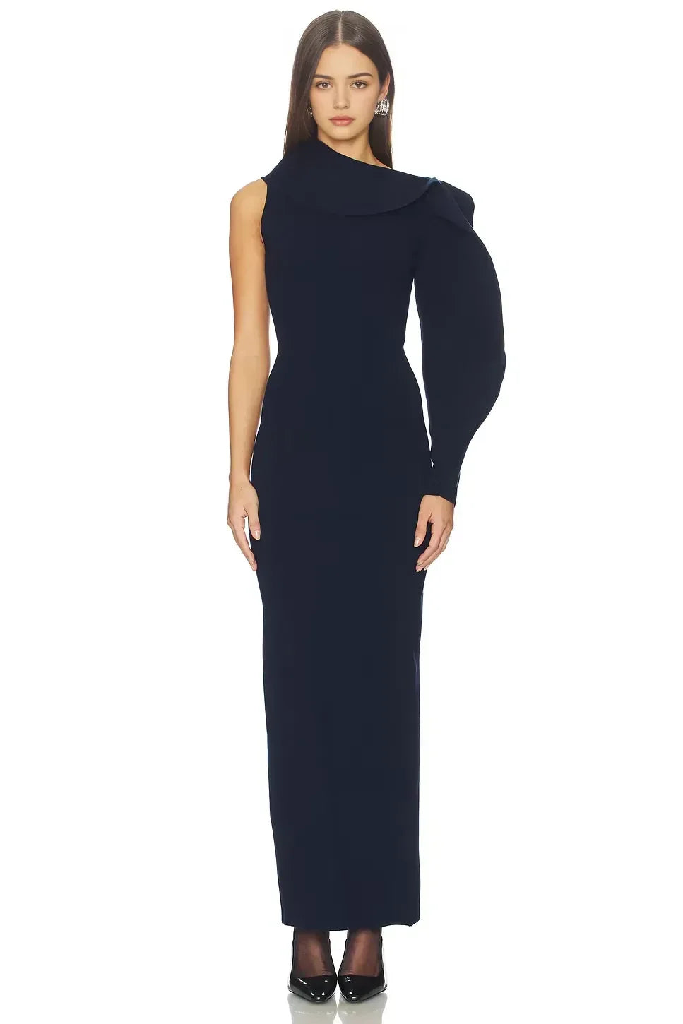 Dramatic Sheath One Shoulder Sculpted Sleeve Solid Back Floor Length Evening Dress