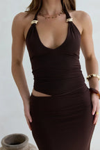 Dramatic Sheath Plunge Halter Neck Sleeveless Cutout Back Floor Length Prom Dress