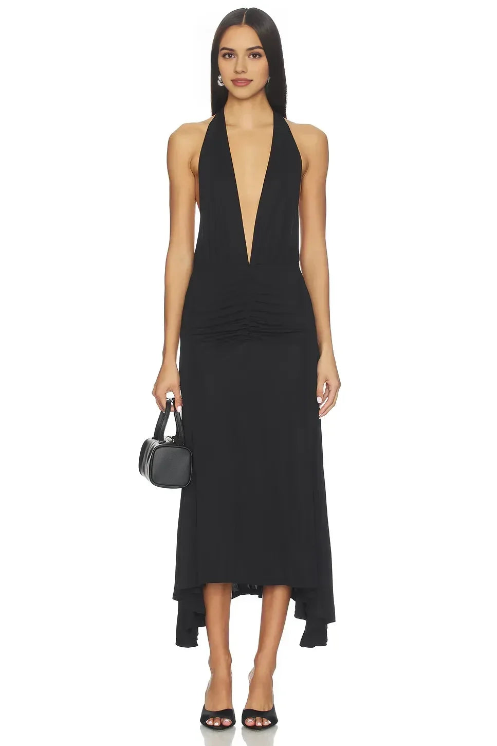 Dramatic Sheath Plunge Halter Neck Sleeveless Open Back High Low Midi Length Prom Dress