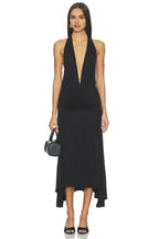 Dramatic Sheath Plunge Halter Neck Sleeveless Open Back High Low Midi Length Prom Dress