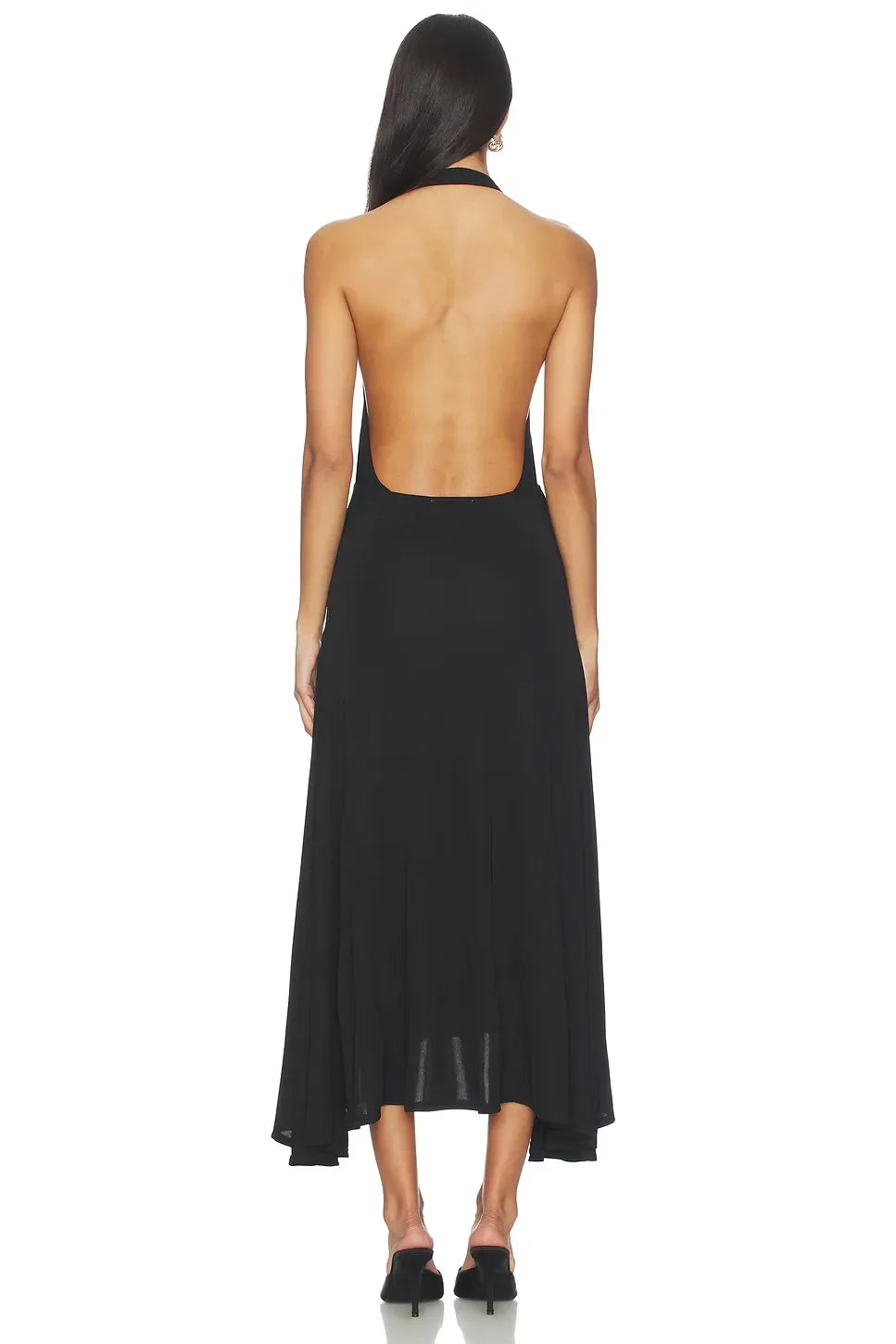 Dramatic Sheath Plunge Halter Neck Sleeveless Open Back High Low Midi Length Prom Dress