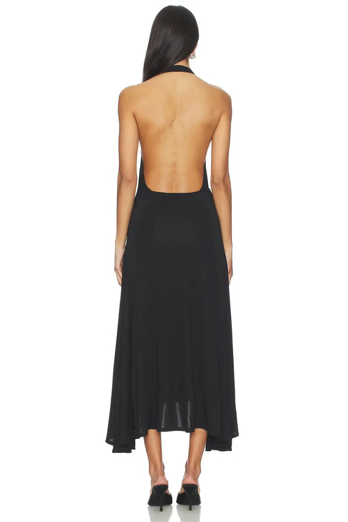 Robe de bal mi-longue fourreau spectaculaire, décolleté plongeant, dos nu, asymétrique devant court derrière long