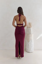 Dramatic Sheath Plunge Halter Neck Sleeveless Ruched Back Floor Length Prom Dress