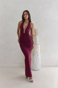 Dramatic Sheath Plunge Halter Neck Sleeveless Ruched Back Floor Length Prom Dress