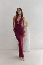 Dramatic Sheath Plunge Halter Neck Sleeveless Ruched Back Floor Length Prom Dress