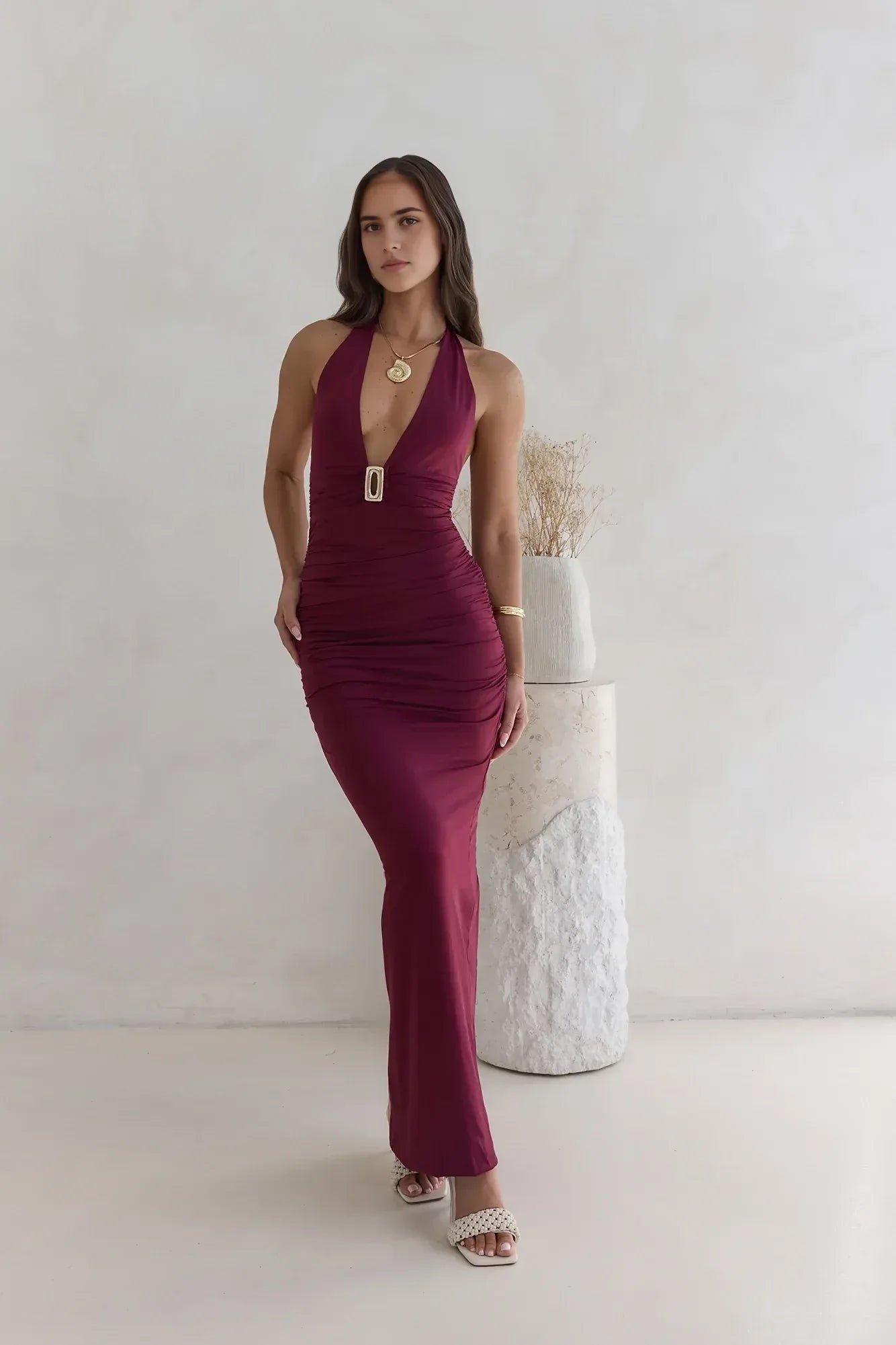Dramatic Sheath Plunge Halter Neck Sleeveless Ruched Back Floor Length Prom Dress
